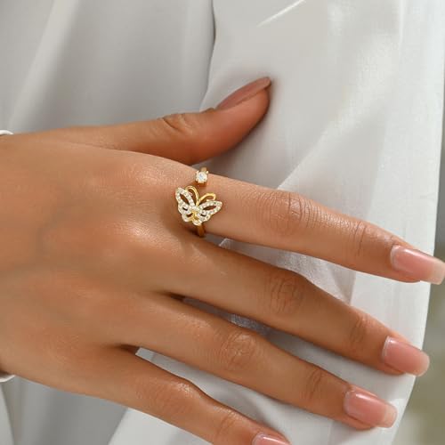 Adjustable Rings for Women 18K Gold Plated daisy Flower Butterfly Ball Cubic Zirconia Rings Dainty Open Stacking Ring - color: Butterfly-Gold