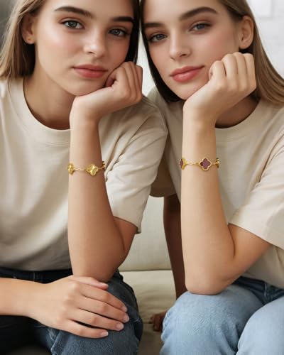 Four Leaf Clover Bracelet 18K Gold Plated Bracelets for Women Lucky Flower Design Stainless Steel Hypoallergenic Link Chain Adjustable Dainty Trendy Jewelry Gifts for Women - color: Gold