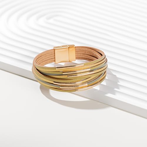 Gold Tube Leather Wrap Bracelets Boho Chunky Stackable Layered Western Cuff | Stacked Bohemian Cool Magnetic Clasp Bangles Statement Cowgirl Hippie Country Festival Accessories for Women Trendy - color: Sand