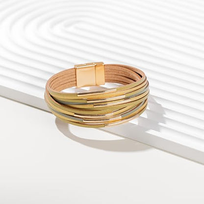 Gold Tube Leather Wrap Bracelets Boho Chunky Stackable Layered Western Cuff | Stacked Bohemian Cool Magnetic Clasp Bangles Statement Cowgirl Hippie Country Festival Accessories for Women Trendy - color: Sand
