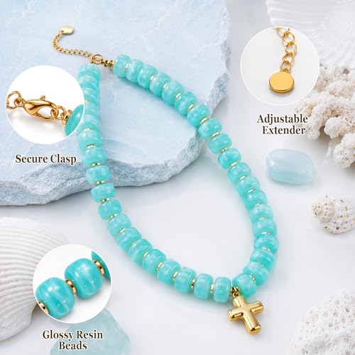 Colorful Resin Chunky Beaded Necklace for Women Modern Statement Choker Necklace with Gold Tone Cross Pendant Boho Summer Jewelry Gift - color: Turquoise Color-1