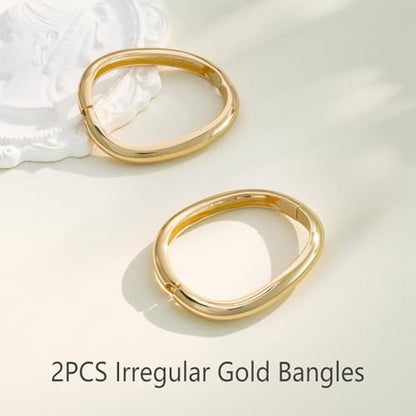 Emibele Gold Bangles for Women, 2PCS Irregular Chunky Gold Bracelet Hinged Open Bangle Bracelets for Women, Fashion Wide Arm Cuff Minimalist Chunky Jewelry Gifts for Valentine Christmas Birthday - style: Chunky Gold