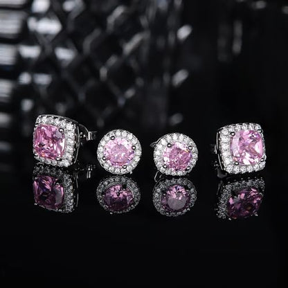18K Gold Plated Halo Stud Earrings 925 Sterling Silver Cubic Zirconia Stud Earrings Round Square Diamonique Stud Earrings Set for Women Men - color: Silver&Pink