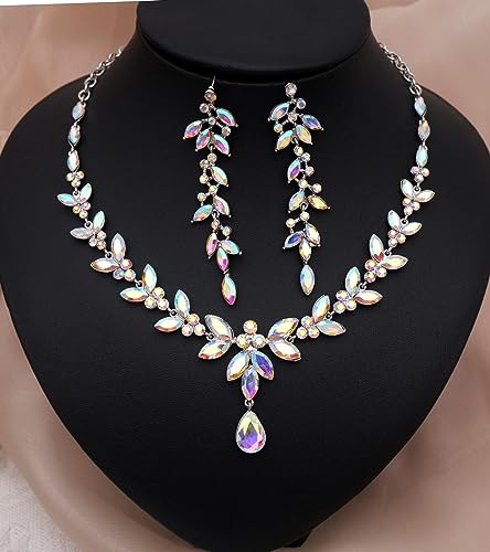 CSY Elegant Bridal Jewelry Sets Wedding Prom Homecoming Gown Accessories | Austrian Marquise Crystal Wedding Necklace Dangle Earrings Tennis Bracelet Ring Set for Bride Women Costume Accessories - color: Iridescent AB Crystal - Silver tone