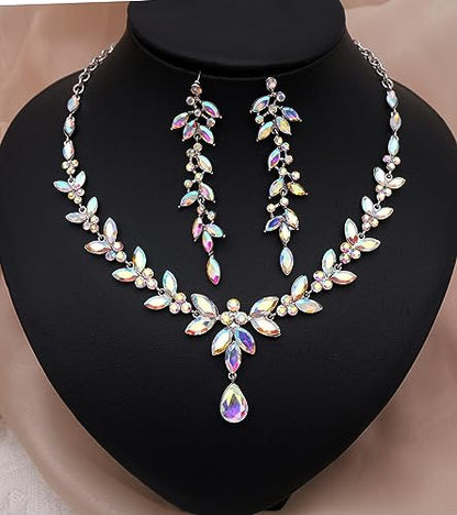 CSY Elegant Bridal Jewelry Sets Wedding Prom Homecoming Gown Accessories | Austrian Marquise Crystal Wedding Necklace Dangle Earrings Tennis Bracelet Ring Set for Bride Women Costume Accessories - color: Iridescent AB Crystal - Silver tone