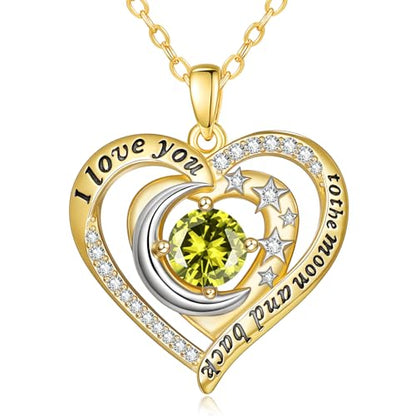 14K Gold I Love You to the Moon and Back Necklace for Women, Double Heart Birthstone Necklace, Moon Star Love Jewelry, Christmas Valentines Mothers Day Birthday Gifts for Wife Mom Girlfriend - color: 08-Aug Birthstone