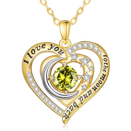 14K Gold I Love You to the Moon and Back Necklace for Women, Double Heart Birthstone Necklace, Moon Star Love Jewelry, Christmas Valentines Mothers Day Birthday Gifts for Wife Mom Girlfriend - color: 08-Aug Birthstone