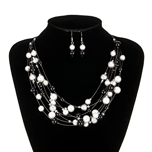 FULU AUTUMN Layered Pearl Necklace Multi-strand Pearl Choker Necklaces for Women Beaded jewelry for Wedding Parties - color: 37-Black and white