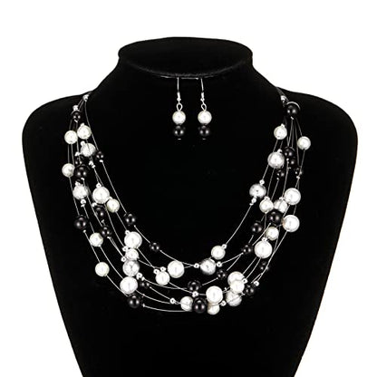 FULU AUTUMN Layered Pearl Necklace Multi-strand Pearl Choker Necklaces for Women Beaded jewelry for Wedding Parties - color: 37-Black and white