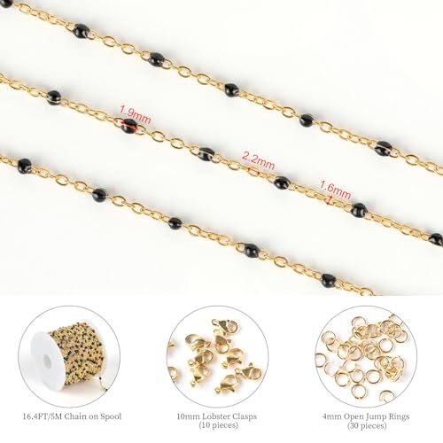 KYUNHOO 16.4 Feet Gold Plated Chain for Jewelry Making with Jewelry Clasps | Solid Stainless Steel Cable Chains for Crafts Black Enemal Beaded Jewelry Chain Roll with Lobster Clasps Jump Rings - color: Gold-Black-2mm