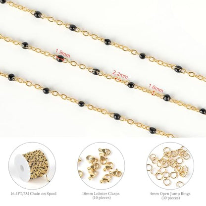 KYUNHOO 16.4 Feet Gold Plated Chain for Jewelry Making with Jewelry Clasps | Solid Stainless Steel Cable Chains for Crafts Black Enemal Beaded Jewelry Chain Roll with Lobster Clasps Jump Rings - color: Gold-Black-2mm
