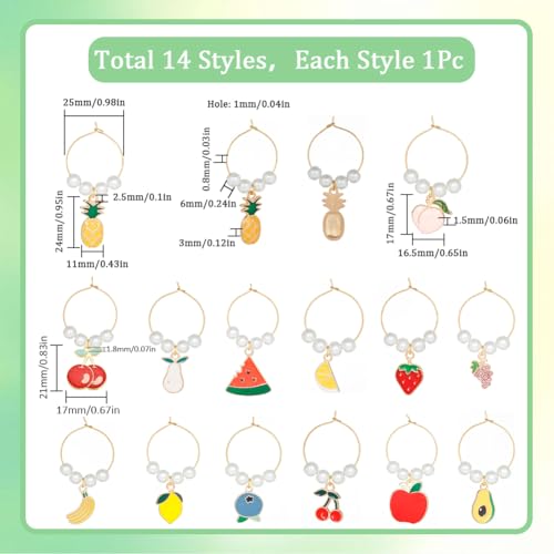 SUNNYCLUE 14 Sets Wine Glass Charms - Thanksgiving, Christmas Party Favor - style: 14 Sets Golden Tone Fruit Drink Identifiers & Upgraded Gift Box