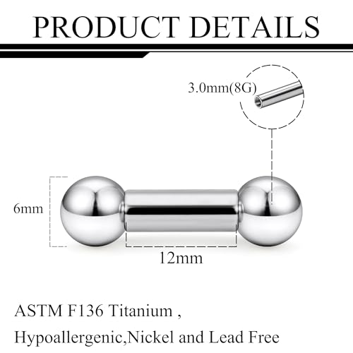 Ruifan Grade 23 Titanium Internally Threaded Nipple Piercing Jewelry Barbell Ring PA Tongue Rings Nipple Straight Body Piercing Jewelry for Women Men 16G 14G 12G 8G 6G 4G 2G - size: 8GA - 1/2" (12mm)