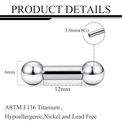 Ruifan Grade 23 Titanium Internally Threaded Nipple Piercing Jewelry Barbell Ring PA Tongue Rings Nipple Straight Body Piercing Jewelry for Women Men 16G 14G 12G 8G 6G 4G 2G - size: 8GA - 1/2" (12mm)