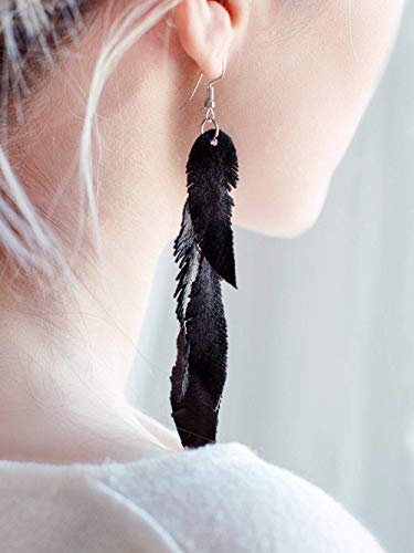 Leather Feather Earrings, Suede layered earrings, boho wedding jewelry, summer earrings, gift for her, dangle earrings - color: black