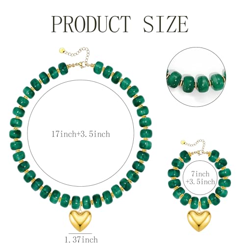 NEWITIN 2 Pieces Summer Beach Jewelry for Women Chunky Beaded Necklace Bracelet Trendy Big Resin Beaded Choker Boho Charm Statement Colorful Jewelry Set for Women - color: Green