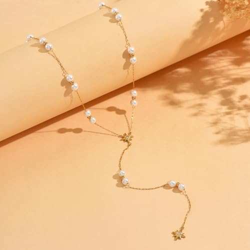 Dainty 18K Gold Plated Lariat Necklace for Women Delicate Y Chain Rose Pearl Diamond Long Drop Necklace Layering Bridal Jewelry Gift - color: Pearl Star-Gold