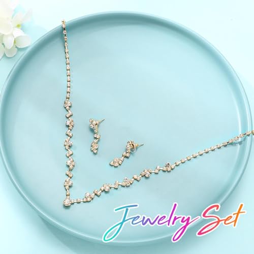 Unicra Bride Crystal Necklace Earrings Set Bridal Wedding Jewelry Sets Rhinestone Choker Necklace Costume Jewelry Set for Women and Brides - color: Gold Necklace Earrings