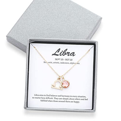 14k Gold Plated Zodiac Birthstone Crystal Pendant Necklace, Horoscope Sign Charm Necklace for Women Birthday Gift - color: Libra-Oct.