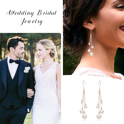 EleQueen Women's Silver-tone Crystal Simulated Pearl 4 Chain Bridal Long Dangle Hook Earrings Ivory Color - color: A-Rose Gold-Tone