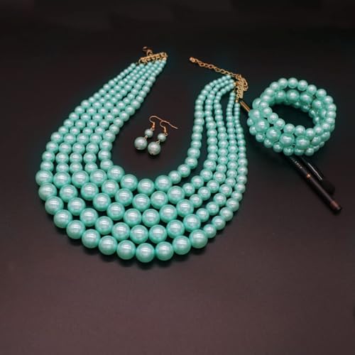 Faux Big Pearl Srand Necklaces for Women 5 Layers Pearls Choker Bib Collar Necklace Bracelet and Earrings set 1920s Costume Pearl Jewelry Bridal Wedding - color: light blue
