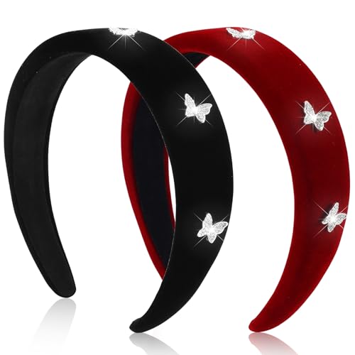 Black Velvet Headband for Women Girls Rhinestone Butterfly Wide Hairbands Pack Non Slip Thick Headband Set Adult Padded Hair Band Fashion Soft Headbands for Long Short Thin Curly Hair Accessories Gift - color: C-2Pcs Butterfly Velvet
