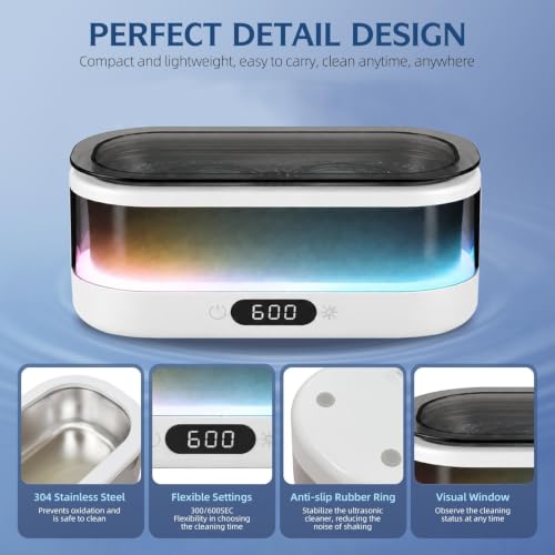 Ultrasonic Jewelry Cleaner 48KHz with RGB Lights for Eyeglasses, Rings, Watches, Dentures, 350ML 304 Stainless Steel Tank, Dual Modes Professional Sonic Cleaner Gift for Wife,Mom,Daughter - color: White