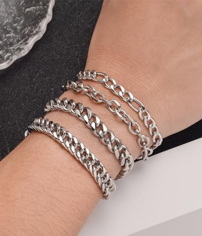 8Pcs Chain Bracelet Stainless Steel Curb Width Rope Figaro Cuban Link Paperclip Twist Chain Bracelets Set for Men Women 7.5/8.3/9.0 Inches