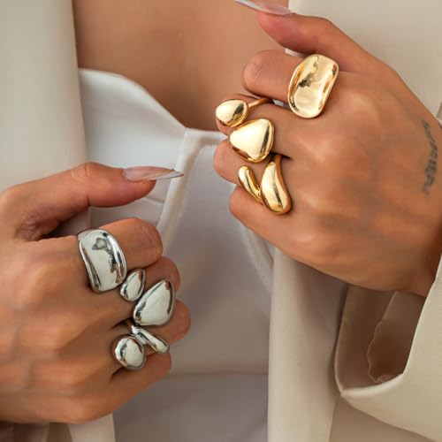 Chunky Gold Gemstone Ring Set for Women Adjustable Stackable Statement Rings Punk Geometric Turquoise Minimalist Jewelry - style: style M