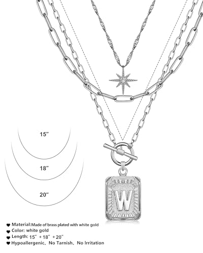 MJartoria Layered Initial Necklaces for Women | 14K Gold Plated Brass, Star Choker, Square Letter Pendant, Paperclip Chain - color: Silver, style: W