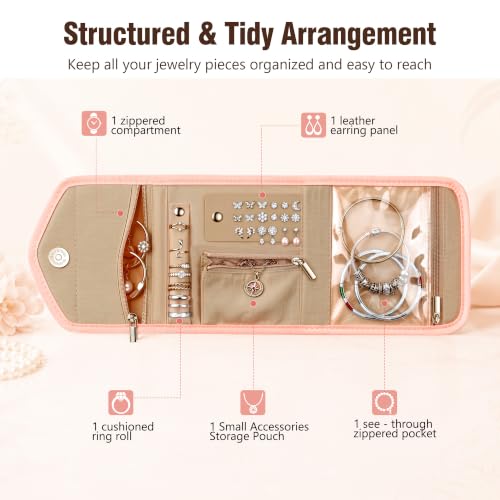 Sodsay Travel Jewelry Case Foldable Travel Jewelry Organizer for Women | 5 Compartments, Quilted Cotton & Polyester, Scratch Resistant, Foldable Lightweight, Travel Friendly, Gift for Women - color: Pink
