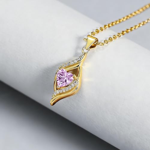 Birthstone Necklace for Women, 14K Gold Plated Heart Cubic Zirconia Pendant, Dainty Birthstone Jewelry Necklace Gifts for Birthday, Valentine’s Day Mother's Day - color: October-Tourmaline