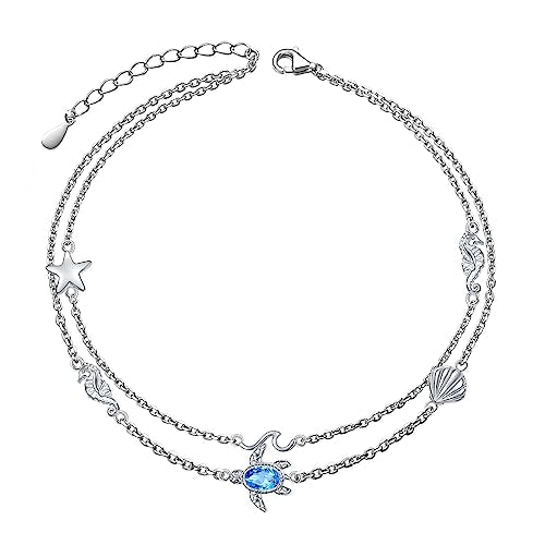 Anklets for Women 925 Sterling Silver Blue Evil Eye Infinity Butterfly Adjustable Multilayer Layered Summer Beach Ankle Bracelet Foot Chain Jewelry for Women - style: D-Sea Turtle