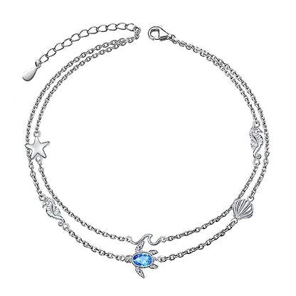 Anklets for Women 925 Sterling Silver Blue Evil Eye Infinity Butterfly Adjustable Multilayer Layered Summer Beach Ankle Bracelet Foot Chain Jewelry for Women - style: D-Sea Turtle