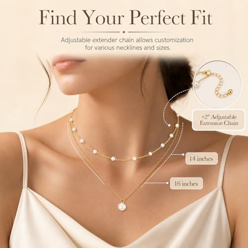 14K Gold Plated Layered Pearl Necklace, Waterproof Double Strand Choker | 14K gold plated, waterproof chains, embedded faux pearl stations, single pendant, fits beach, business or casual wear.