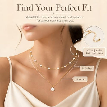 14K Gold Plated Layered Pearl Necklace, Waterproof Double Strand Choker | 14K gold plated, waterproof chains, embedded faux pearl stations, single pendant, fits beach, business or casual wear.