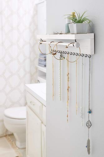 Rustic White Necklace Jewelry Organizer - Wall Mount Jewelry Holder - Mounted Hanging Jewelry Storage Hooks for Necklace, Earrings, and Rings - Farmhouse Wood Decor Bedroom Boho Shelf Rack - style: Rustic - Whitewashed Wood