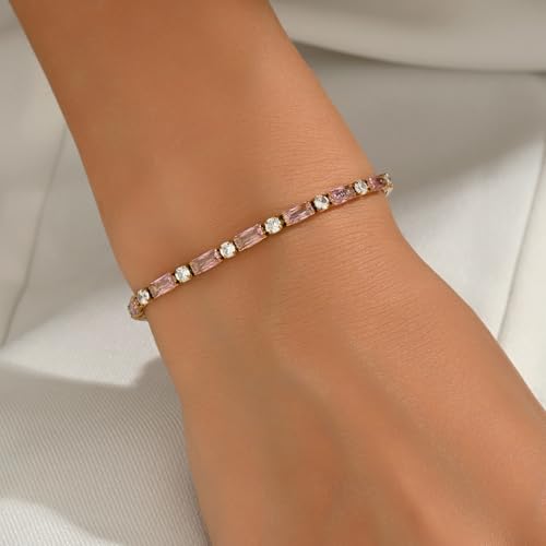 18K Gold Plated Multi-Color Classic Tennis Bracelet for Women Dainty Color 3mm Rainbow Cubic Zirconia Bracelet Adjustable CZ Gold Bracelets Trendy Summer Jewelry Gift - style: Pink-Gold