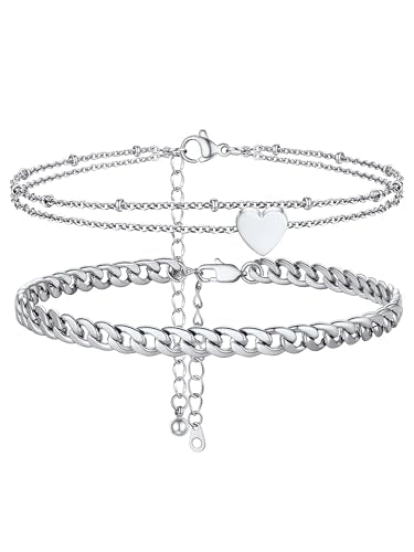 PROSTEEL Trendy Handcuffs Design/Customize Words Ankle Bracelet For Women, 316L Stainless Steel Anklets Silver/Gold/Black Tone, Hypoallergenic, Come with Box - style: 05.2 Layered-Cuban&Heart-Silver