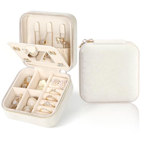 MFXIP Plush Velvet Travel Jewelry Case Small Jewelry Box Jewelry Organizer Storage Case Portable Jewelry Travel Case for Girls Womens Earring, Necklace, Rings,Bracelets with Mirror - color: Beige