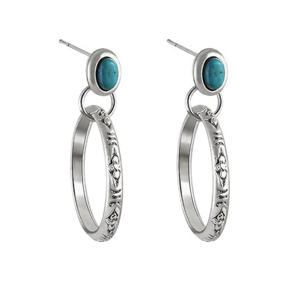 Turquoise Gemstone Stud Earrings Featuring Antique Silver Tone Engraved Hoop Style Turquoise Jewelry Dangle Accents With Oval Stones For Women Bohemian Fashion Daily Party Gifts