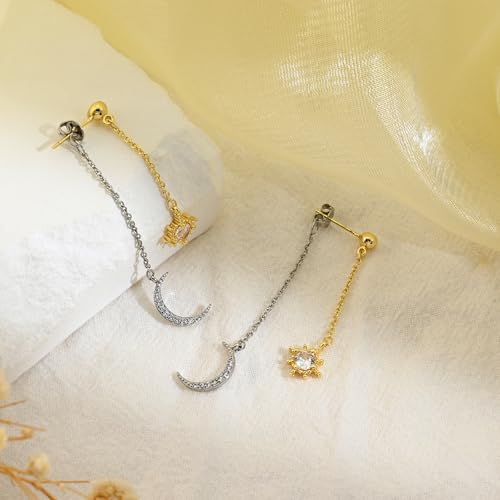 Moon and Star Dangle Earrings | Chain Tassel with Cubic Zirconia Drop Front and Back Earrings Celestial Jewelry for Wedding Gift - color: Gold and Silver