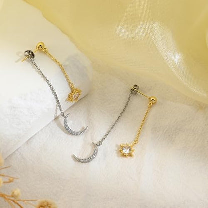 Moon and Star Dangle Earrings | Chain Tassel with Cubic Zirconia Drop Front and Back Earrings Celestial Jewelry for Wedding Gift - color: Gold and Silver