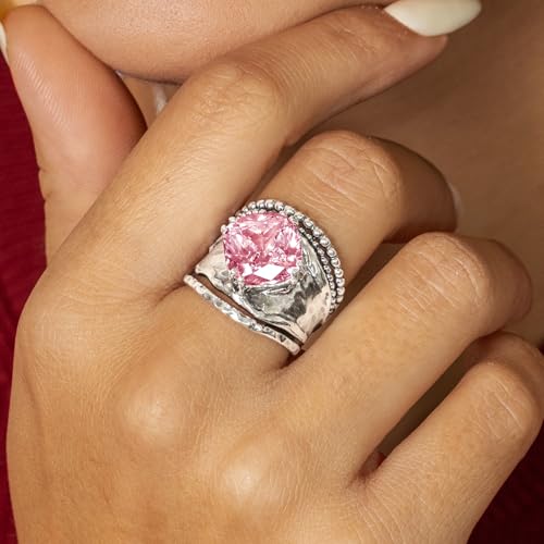 JEAN RACHEL JEWELRY 925 Sterling Silver Prong Solitaire Ring | Raised crown engagement style ring mounting a precision faceted brilliant Cubic Zirconia solitaire over stacked silver rows. - color: Pink CZ