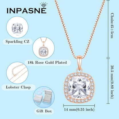 Birthstone Necklace for Women 925 Sterling Silver Princess Cut Halo Necklace Pendant Jewelry for Mom Wife - color: Rose Gold