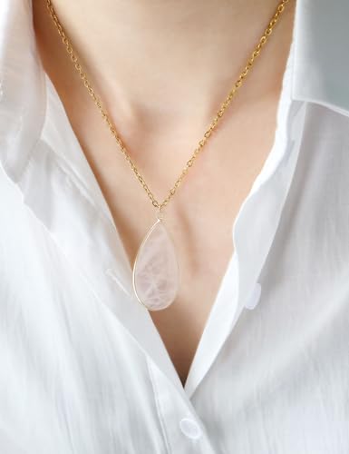 BaubleStar Teardrop Natural Crystal Healing Stone Pendant Necklace | Birthstone Quartz Necklace for Women, Multi-Color Available - color: Pink