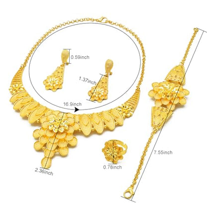 indian Women Jewelry Necklace Set african Dubai Bride Wedding Prom Fashion Jewelry 24K Gold Plated Necklace Bangles Rings Earrings - color: S-348