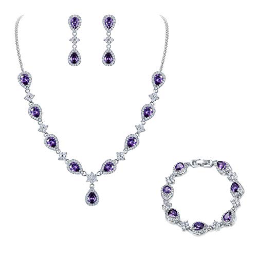 EleQueen Women's Silver-Tone Cubic Zirconia Teardrop Flower Bridal V-Necklace Sets Tennis Bracelet Dangle Earrings for Wedding Bridesmaids - color: Amethyst Color