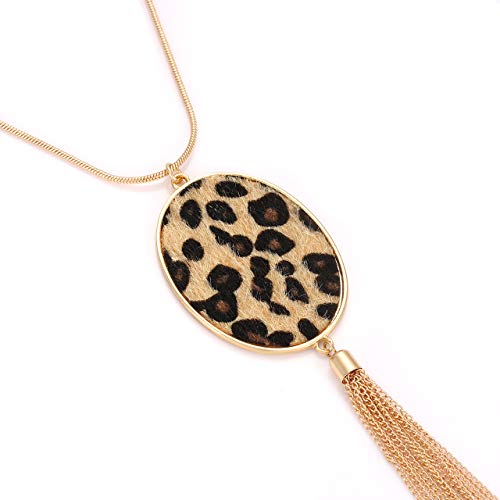 MOLOCH Long Necklaces For Woman Disk Circle Pendant Necklaces Tassel Fringe Necklace Set Statement Pendant - color: oval--gold-light leopard