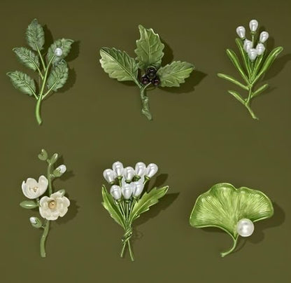 8 Pcs Green Botanical Flower Lapel Pins, Men's and Women's Simple Botanical Leaf Faux Pearl Alloy Brooch, Suit Dress Cheongsam Backpack Hat Accessories